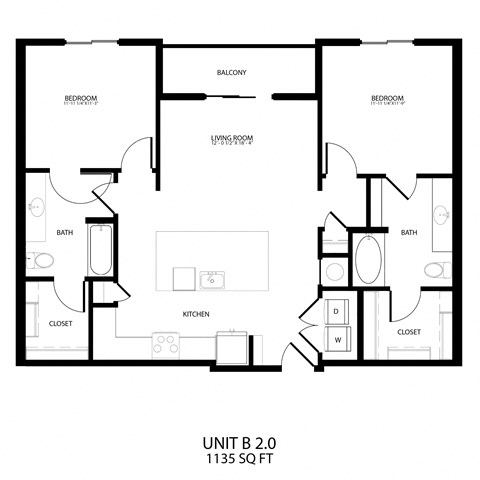 Floor plan for 2 beds, 2 baths, 1135 sqft